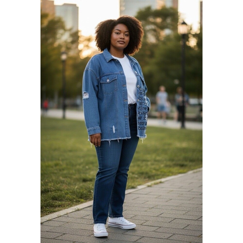 Spoon Jean 2XL Women’s Distressed Rainbow Button-down Denim Jacket Y2K Retro